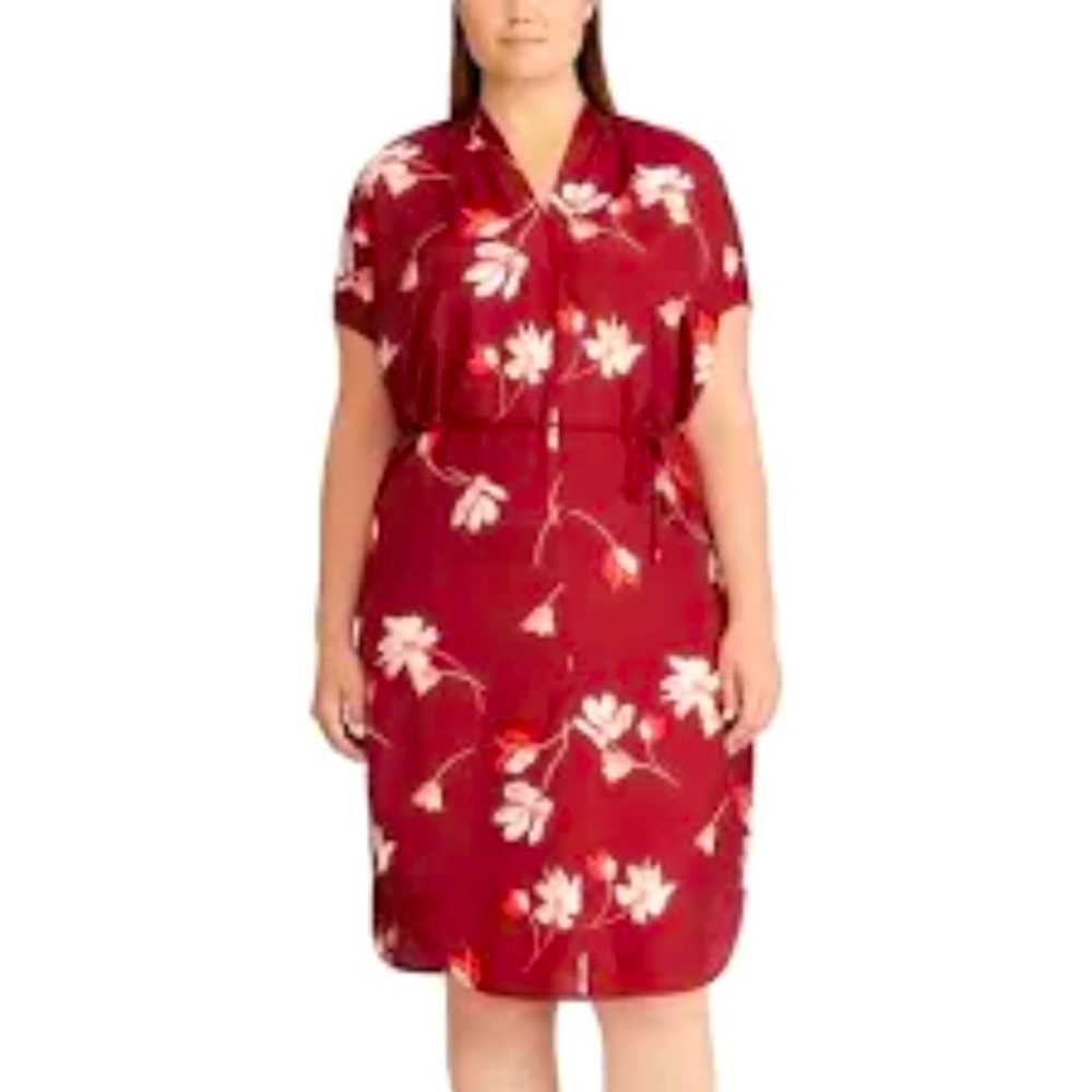 RALPH LAUREN Burgundy Floral Dress Beaded Detail Tie Waist Zipper Plus Sz 18 NEW